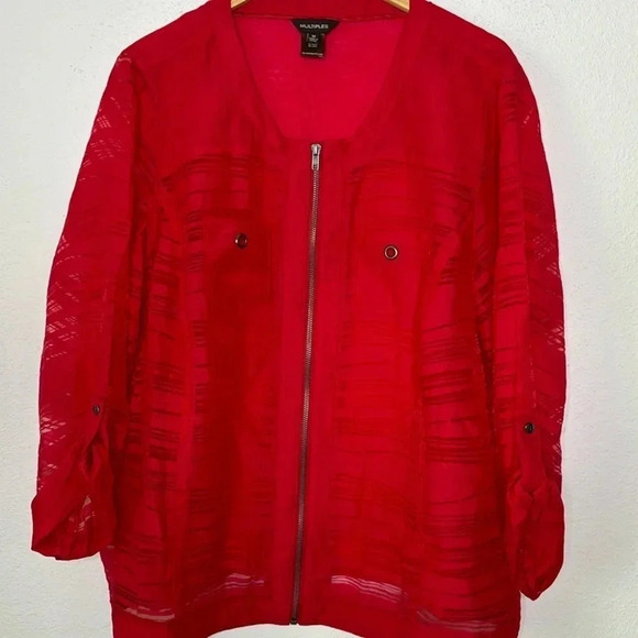 Multiples plus size 1X red lightweight partly sheer jacket rayon/nylon blend - Picture 2 of 4